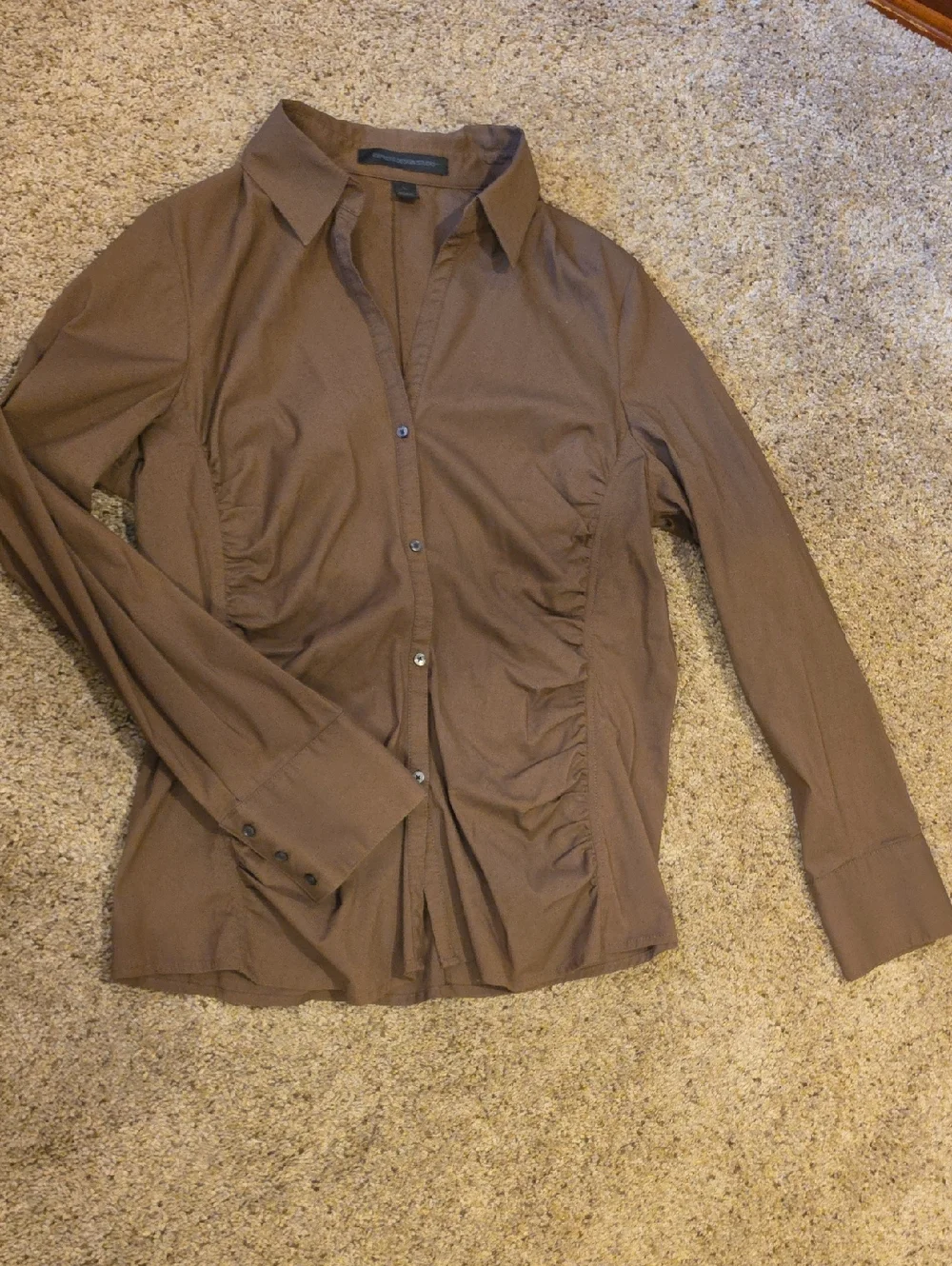 Express Brown Ruched-Side Button Down Shirt - Picture 1 of 5